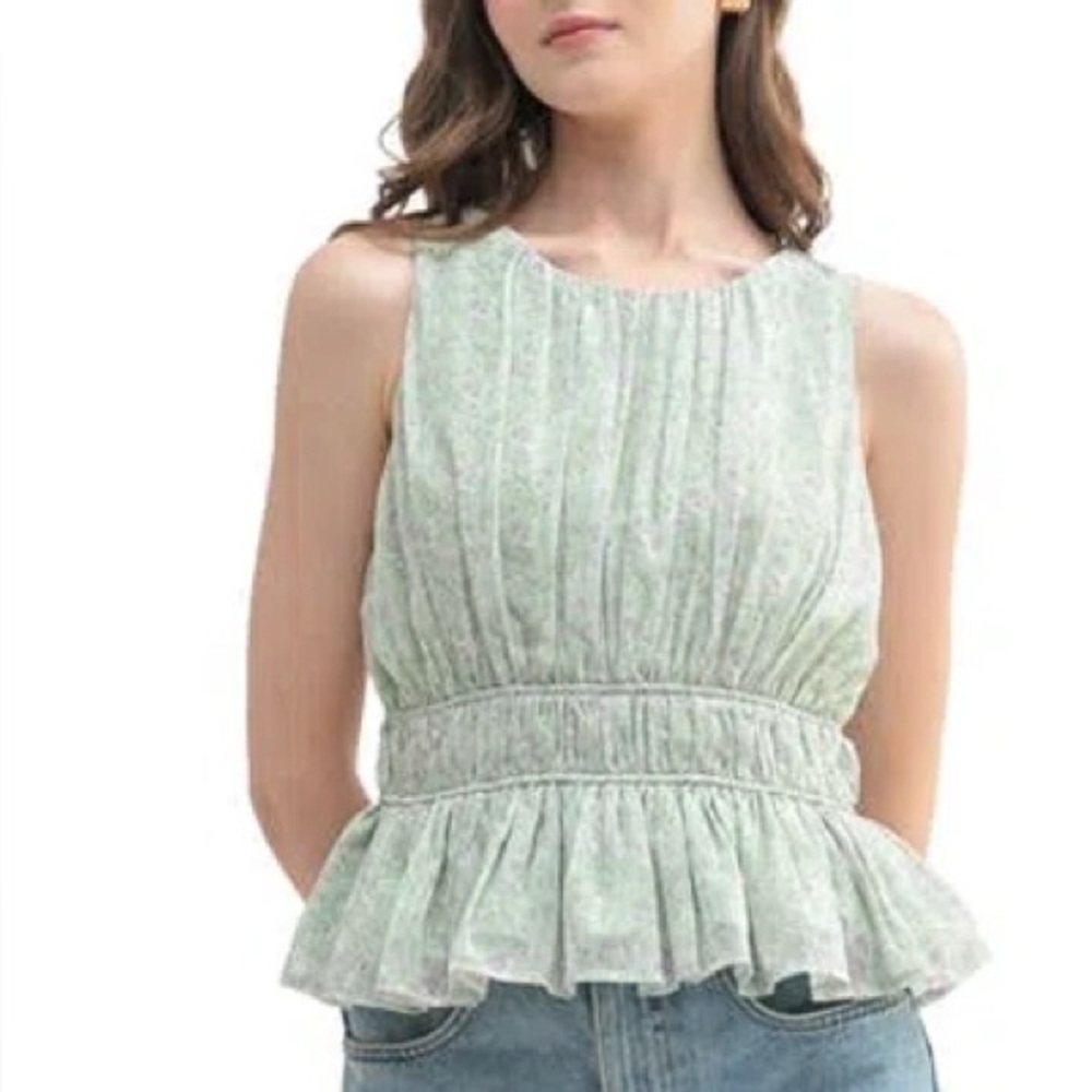 LUSH FLORAL SLEEVELESS PEPLUM TOP IN MINT LILAC SZ M New